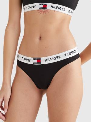 Bielizny Tommy Hilfiger Tommy 85 Stretch Bawełniane Logo Stringi Damskie Czarne | TH768SAH