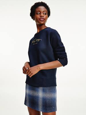 Bluzy Tommy Hilfiger Gold Signature Embroidery Crew Neck Damskie Niebieskie | TH251CWT