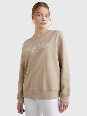 Bluzy Tommy Hilfiger Graphic Crew Neck Damskie Beżowe | TH876BGL