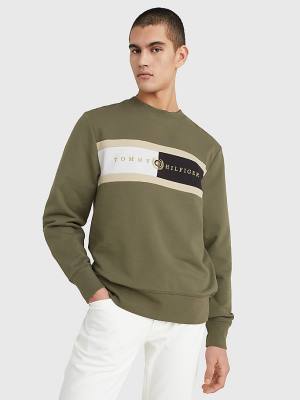 Bluzy Tommy Hilfiger Icons Logo Crew Neck Męskie Khaki | TH273JVX