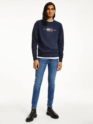 Bluzy Tommy Hilfiger Logo Crew Neck Męskie Niebieskie | TH469ANH