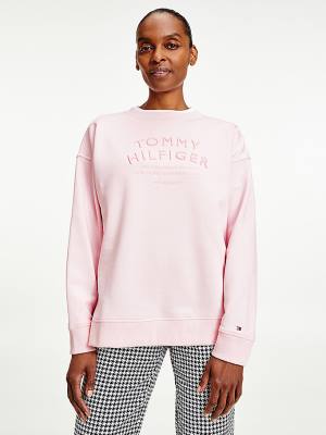 Bluzy Tommy Hilfiger Relaxed Fit Text Embroidery Damskie Różowe | TH719ZDI