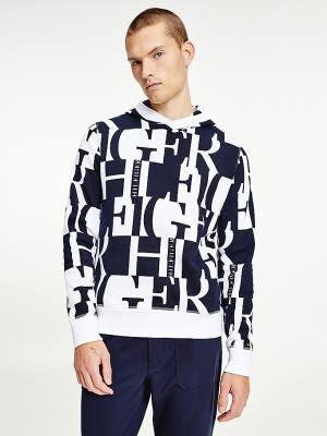 Bluzy Z Kapturem Tommy Hilfiger All-Over Text Print Męskie Czerwone | TH078OUZ