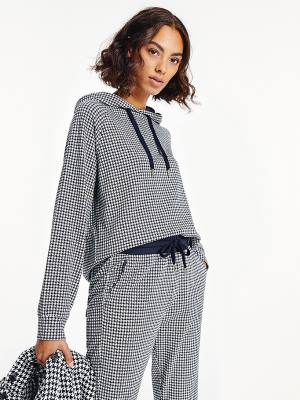 Bluzy Z Kapturem Tommy Hilfiger Bawełniane Houndstooth Jacquard Regular Fit Damskie Niebieskie | TH245DRM