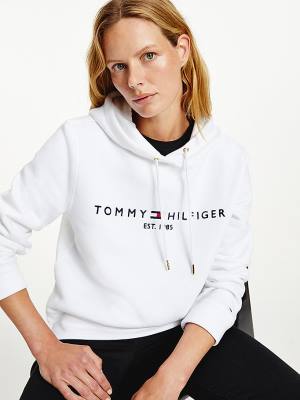 Bluzy Z Kapturem Tommy Hilfiger Essential Logo Damskie Białe | TH249NZR