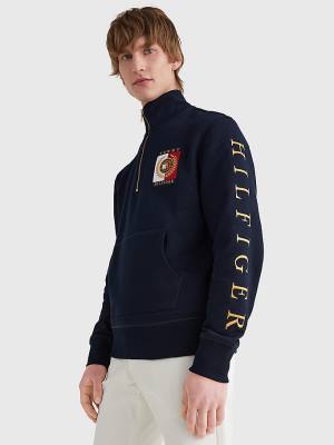 Bluzy Z Kapturem Tommy Hilfiger Icons Logo Half-Zip Męskie Niebieskie | TH470ATX