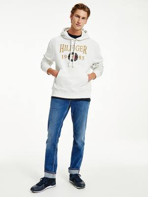 Bluzy Z Kapturem Tommy Hilfiger Icons Logo Embroidery Relaxed Fit Męskie Białe | TH524ETB