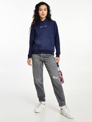 Bluzy Z Kapturem Tommy Hilfiger Linear Logo Damskie Niebieskie | TH346HXN