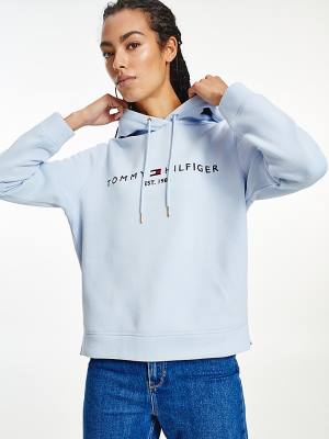 Bluzy Z Kapturem Tommy Hilfiger Logo Drawstring Regular Fit Damskie Niebieskie | TH170JDK