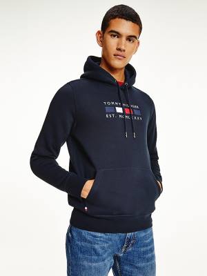 Bluzy Z Kapturem Tommy Hilfiger Logo Embroidery Fleece Męskie Niebieskie | TH510RIU