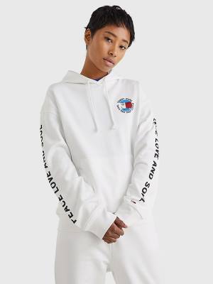 Bluzy Z Kapturem Tommy Hilfiger Oversized Peace Logo Damskie Białe | TH751EAJ