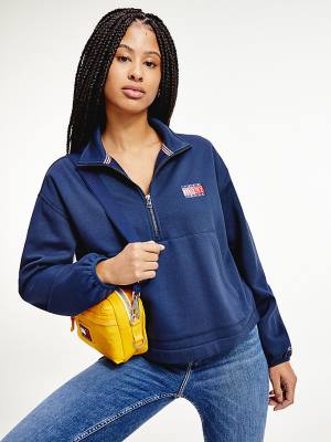 Bluzy Z Kapturem Tommy Hilfiger Relaxed Timeless Tommy Logo Half-Zip Sweatshirt Damskie Niebieskie | TH432KNF