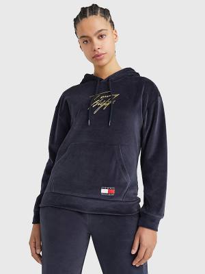 Bluzy Z Kapturem Tommy Hilfiger Signature Logo Velour Damskie Niebieskie | TH503VXW