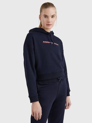 Bluzy Z Kapturem Tommy Hilfiger Sportowe Logo Relaxed Fit Damskie Niebieskie | TH143TBP