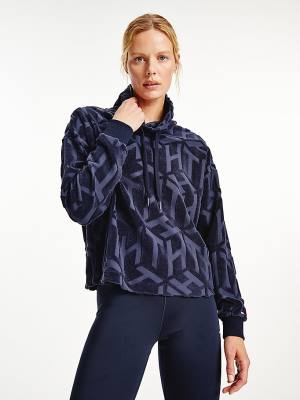 Bluzy Z Kapturem Tommy Hilfiger Sportowe Monogram High Neck Sweatshirt Damskie Niebieskie | TH512IDF