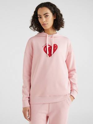 Bluzy Z Kapturem Tommy Hilfiger Valentines Heart Print Relaxed Fit Damskie Różowe | TH154PFM