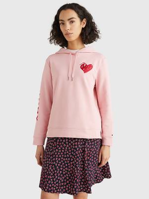 Bluzy Z Kapturem Tommy Hilfiger Valentines Heart Print Terry Damskie Różowe | TH921EDT