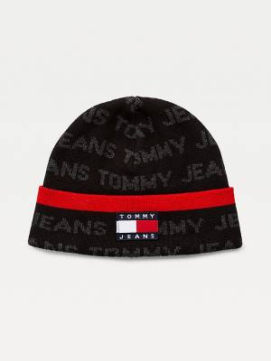 Czapki Tommy Hilfiger Organic Bawełniane Logo Print Beanie Męskie Czarne | TH674IUX