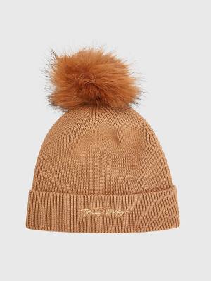 Czapki Tommy Hilfiger Signature Pom Pom Beanie Damskie Beżowe | TH291NLW