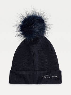 Czapki Tommy Hilfiger Signature Pom Pom Beanie Damskie Niebieskie | TH391IFC