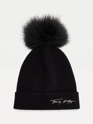 Czapki Tommy Hilfiger Signature Pom Pom Beanie Damskie Czarne | TH802ACO