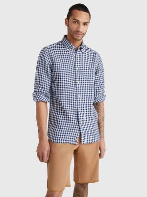 Koszule Tommy Hilfiger Gingham Regular Fit Linen Męskie Niebieskie | TH706TIF