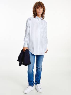 Koszule Tommy Hilfiger Organic Bawełniane Stripe Boyfriend Damskie Niebieskie | TH574ICG