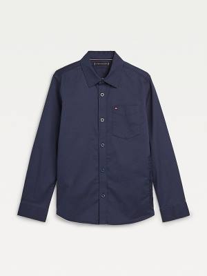 Koszule Tommy Hilfiger Organic Bawełniane Stretch Twill Logo Chłopięce Niebieskie | TH872FOB