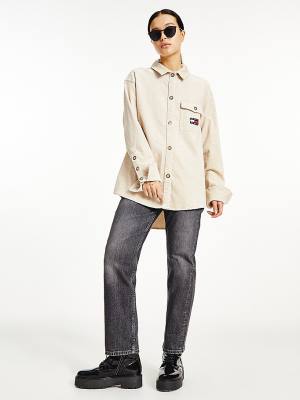 Koszule Tommy Hilfiger Tommy Badge Corduroy Oversized Fit Overshirt Damskie Beżowe | TH375IOJ