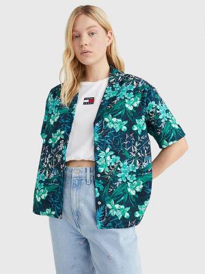 Koszule Tommy Hilfiger Tropical Print Oversized Krótkie Sleeve Damskie Zielone | TH453AHB