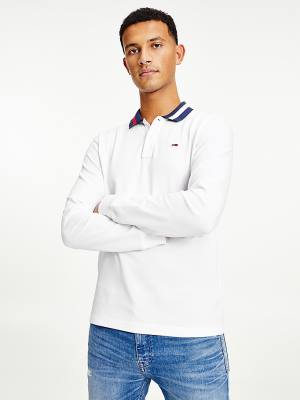 Koszulki Polo Tommy Hilfiger Signature Collar Regular Long Sleeve Męskie Białe | TH617DMI