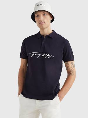 Koszulki Polo Tommy Hilfiger Signature Logo Regular Fit Męskie Niebieskie | TH710MLJ