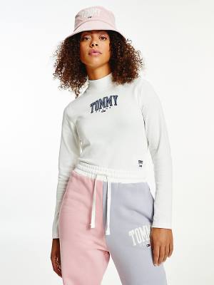 Koszulki Tommy Hilfiger College Cropped Long Sleeve Damskie Białe | TH178IUY