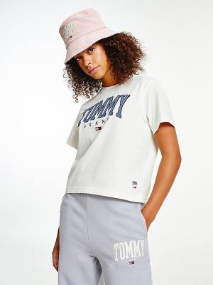 Koszulki Tommy Hilfiger College Organic Bawełniane Boyfriend Fit Damskie Białe | TH381EUJ