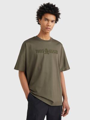 Koszulki Tommy Hilfiger Crest Embroidery Organic Bawełniane Męskie Khaki | TH890IFJ