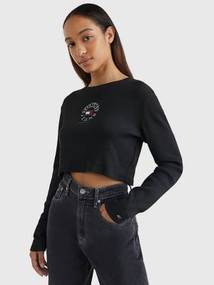 Koszulki Tommy Hilfiger Cropped Logo Embroidery Long Sleeve Damskie Czarne | TH675DKU