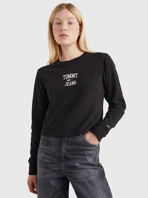 Koszulki Tommy Hilfiger Cropped Logo Long Sleeve Damskie Czarne | TH329LSC