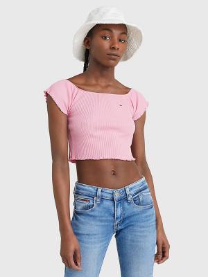 Koszulki Tommy Hilfiger Cropped Off-The-Shoulder Damskie Różowe | TH419QDG