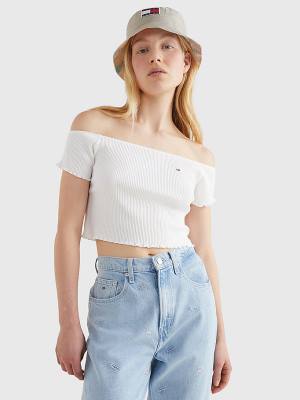 Koszulki Tommy Hilfiger Cropped Off-The-Shoulder Damskie Białe | TH512ODS