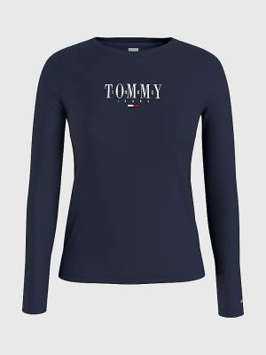 Koszulki Tommy Hilfiger Essential Logo Long Sleeve Damskie Niebieskie | TH149PQM