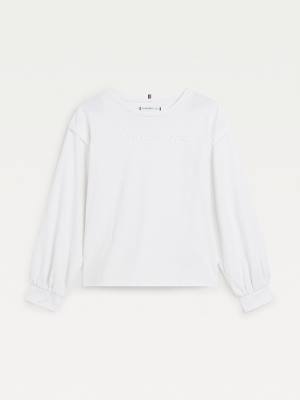 Koszulki Tommy Hilfiger Essential Logo Long Sleeve Dziewczynka Białe | TH390GXO