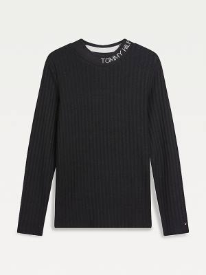 Koszulki Tommy Hilfiger Essential Rib-Knit Long Sleeve Dziewczynka Czarne | TH293BLX