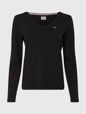 Koszulki Tommy Hilfiger Essential V-Neck Long Sleeve Damskie Czarne | TH625OAC