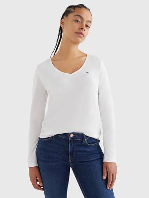 Koszulki Tommy Hilfiger Essential V-Neck Long Sleeve Damskie Białe | TH721VUO