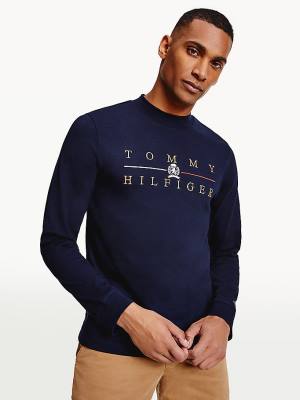 Koszulki Tommy Hilfiger Icons Mock Turtleneck Long Sleeve Męskie Niebieskie | TH158RGH