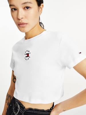 Koszulki Tommy Hilfiger Logo Embroidery Cropped Damskie Białe | TH593NBU