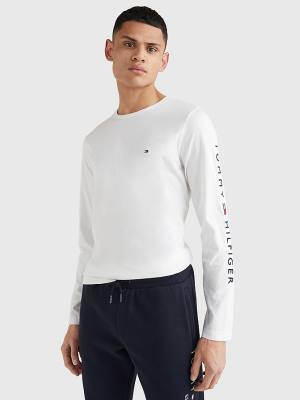 Koszulki Tommy Hilfiger Logo Long Sleeve Męskie Białe | TH628PEJ