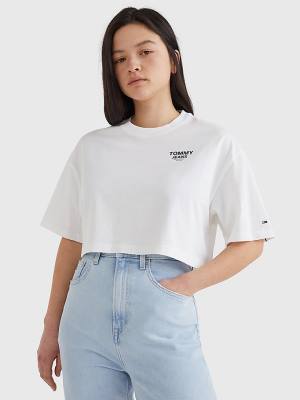 Koszulki Tommy Hilfiger Logo Tape Oversized Cropped Damskie Białe | TH324QNX