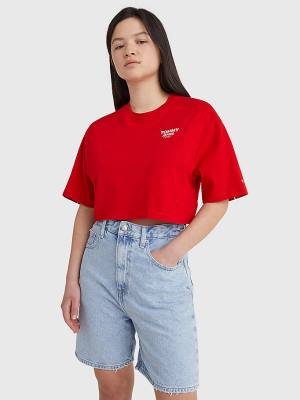 Koszulki Tommy Hilfiger Logo Tape Oversized Cropped Damskie Czerwone | TH701GEN