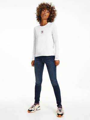 Koszulki Tommy Hilfiger Long Sleeve Logo Slim Fit Damskie Białe | TH470HKR